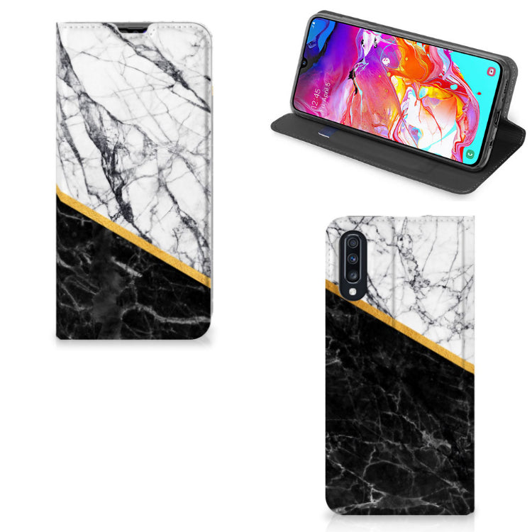 Samsung Galaxy A70 Standcase Marmer Wit Zwart - Origineel Cadeau Man