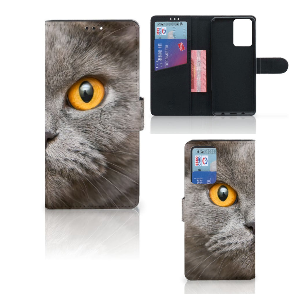 Telefoonhoesje met Pasjes Xiaomi Redmi Note 10 Pro Britse Korthaar met indrukwekkende grijze kat en oranje ogen