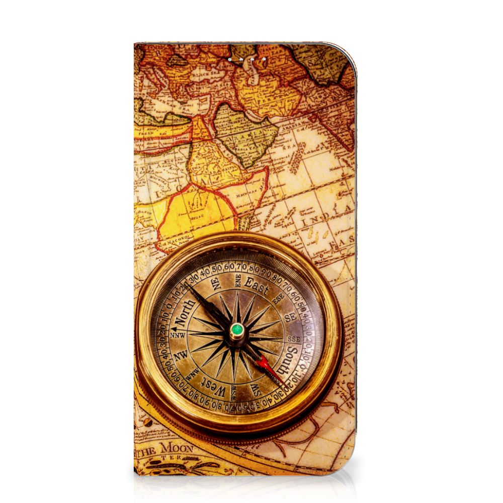 iPhone 15 Plus Book Cover Kompas met kompas ontwerp op een wereldkaart achtergrond đ.