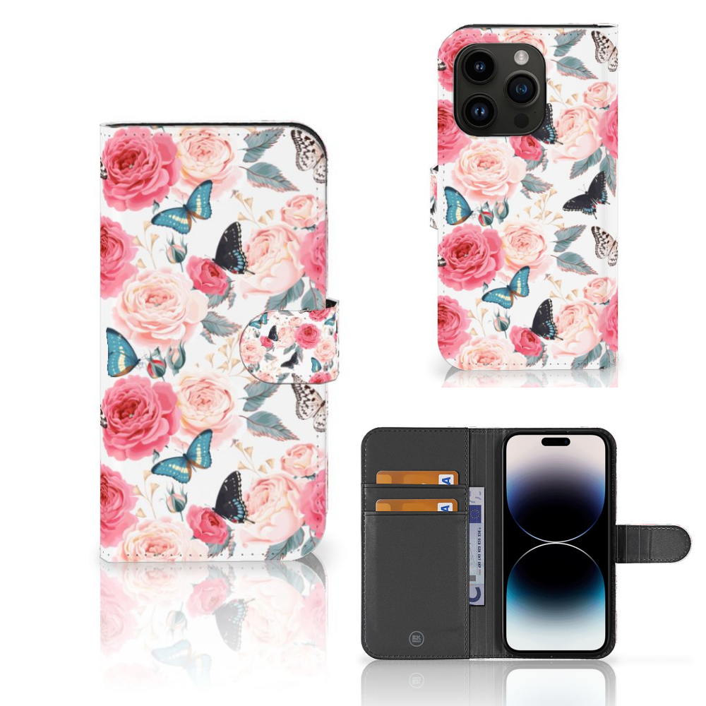 iPhone 15 Pro Hoesje Butterfly Roses met romantische vlinders en rozen, perfect voor romantici đšđĻ.