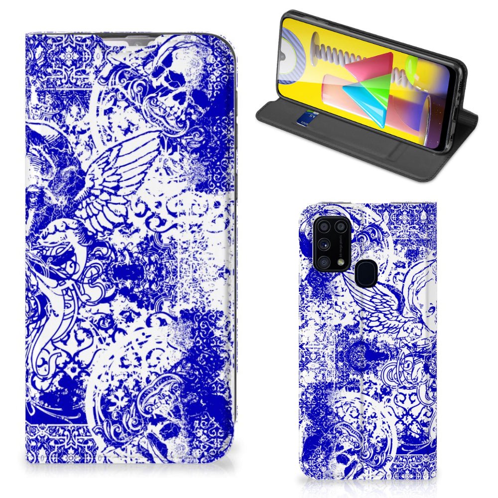 Mobiel BookCase Samsung Galaxy M31 Angel Skull Blauw