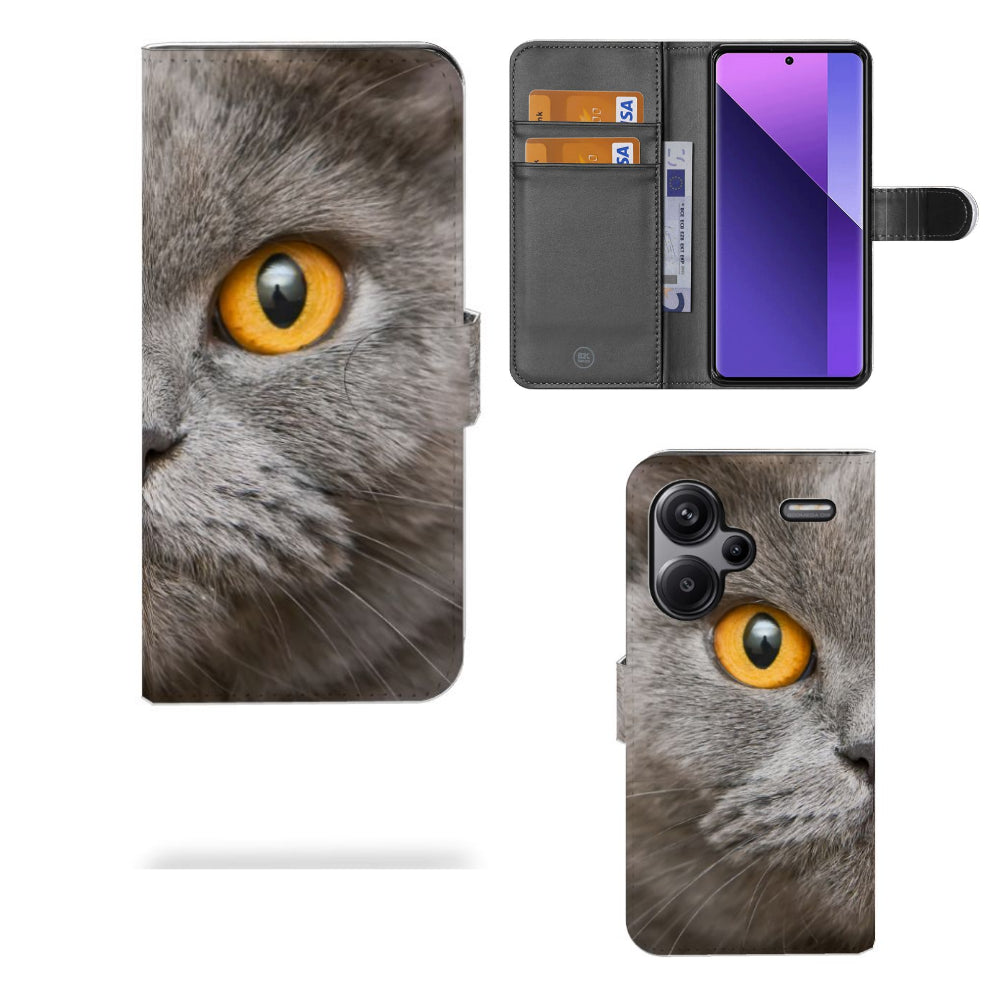 Telefoonhoesje met Pasjes Xiaomi Redmi Note 13 Pro Plus Britse Korthaar, met afbeelding van een Britse korthaar kat.
