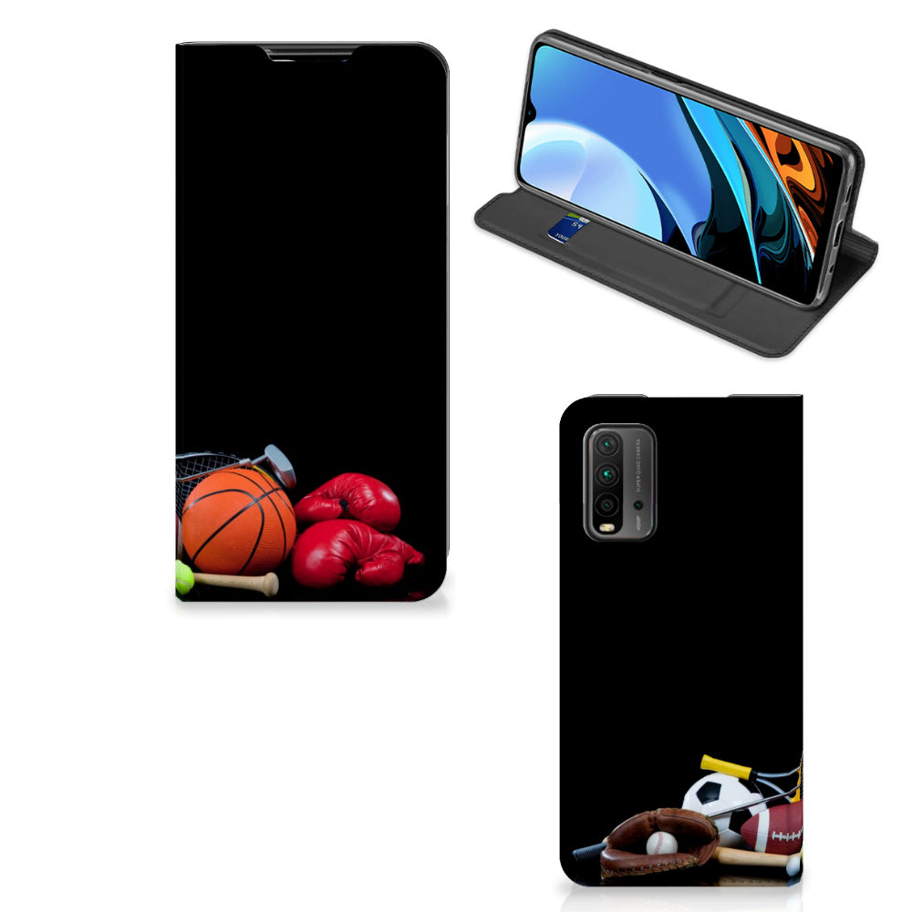 Xiaomi Poco M3 | Redmi 9T Hippe Standcase Sports design featuring sports equipment like basketball and football.