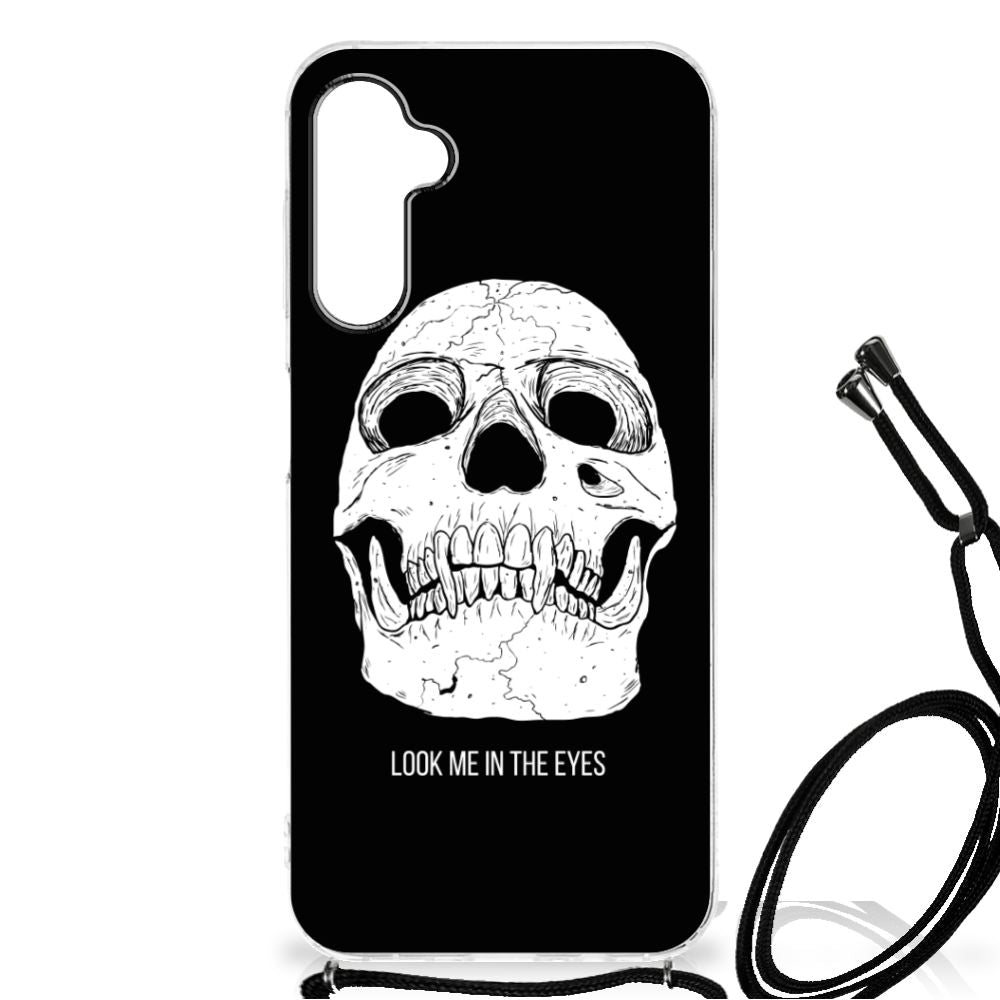 Extreme Case Samsung Galaxy A14 5G Skull Eyes phone case featuring a skull graphic with the text 'LOOK ME IN THE EYES'.