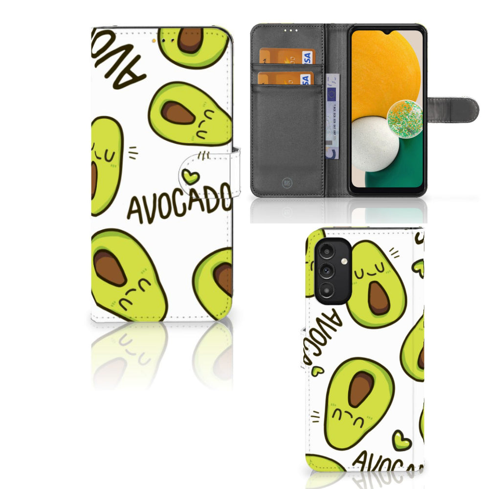 Samsung Galaxy A14 5G Leuk Hoesje Avocado Singing met schattige groene avocado's en pasjeshouder