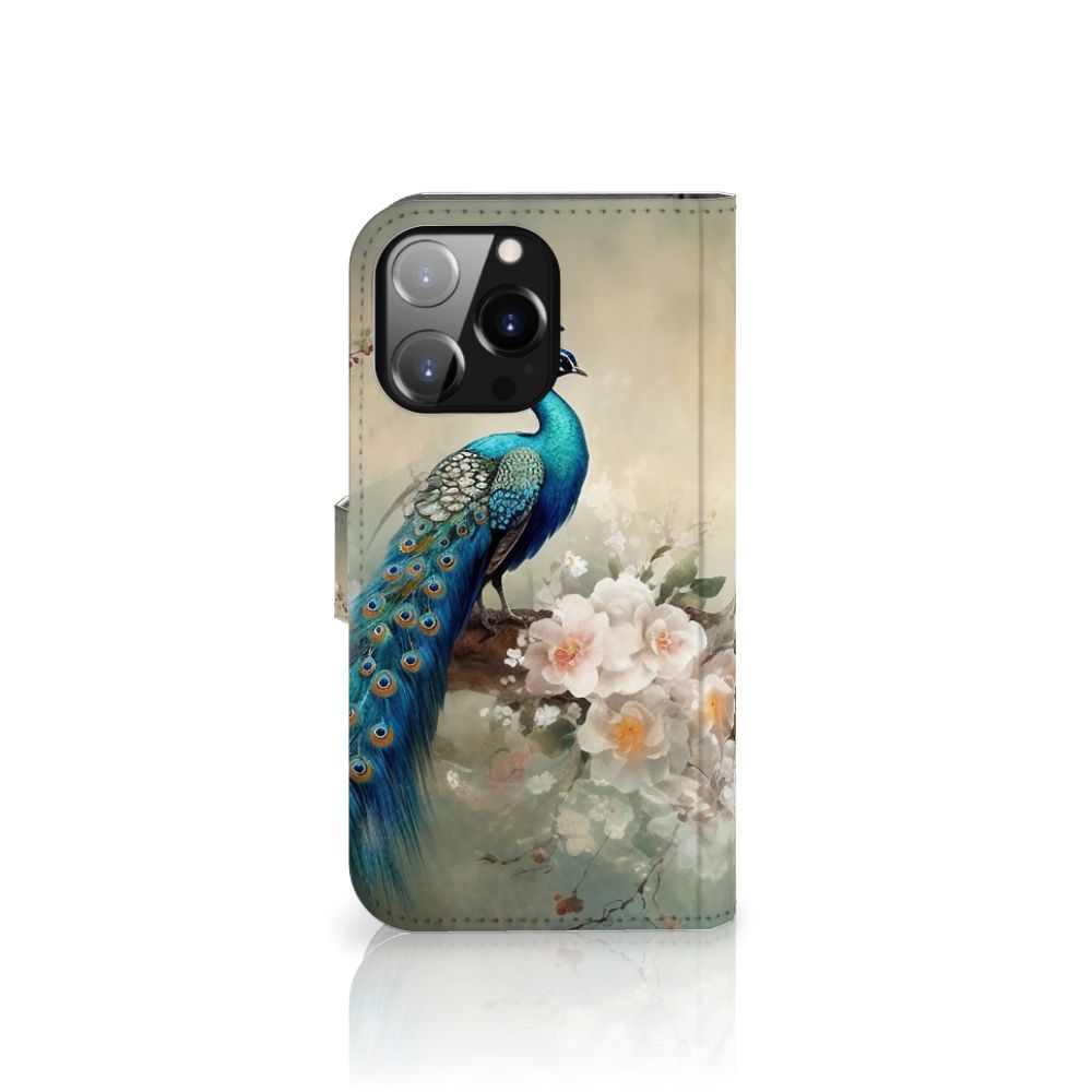 Telefoonhoesje met Pasjes voor iPhone 14 Pro Max Vintage Pauwen met een prachtige pauw en bloemen.
