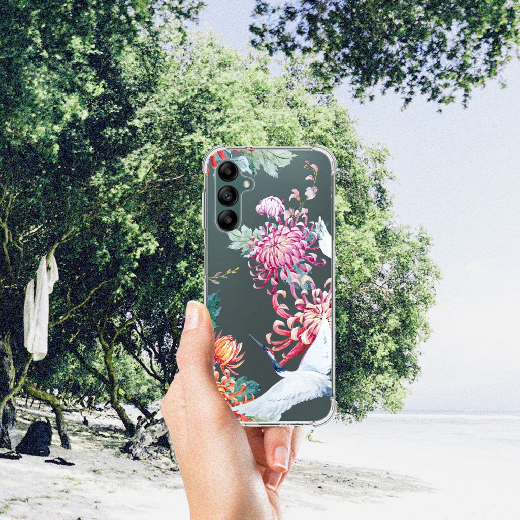 Samsung Galaxy A14 5G/4G Case Anti-shock Bird Flowers design held by a person in nature.