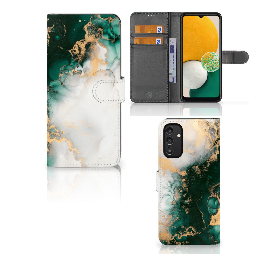 Bookcase voor Samsung Galaxy A14 5G Marmer Groen met ruimte voor pasjes en een stijlvolle marmerafwerking.