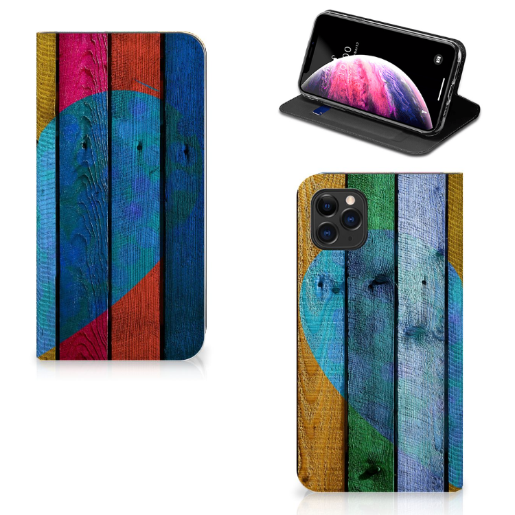 Apple iPhone 11 Pro Max Book Wallet Case Wood Heart - Cadeau voor je Vriend