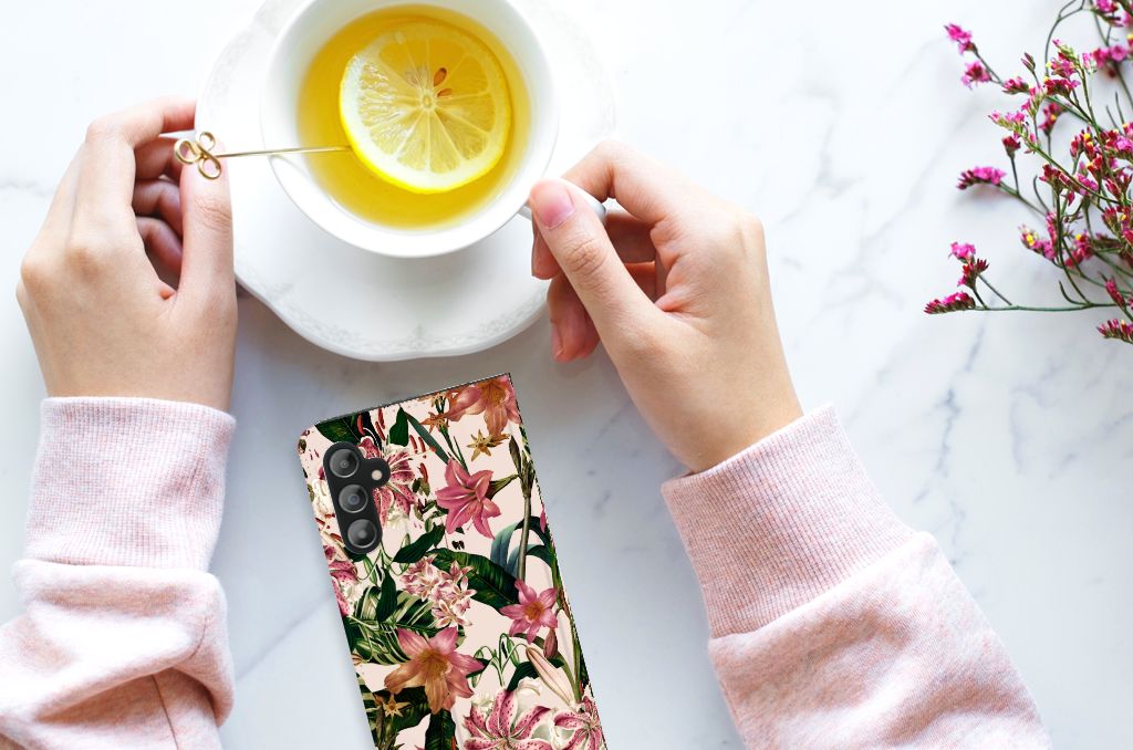 Samsung Galaxy A14 4G Smart Cover Flowers design with colorful floral pattern next to a cup of tea.