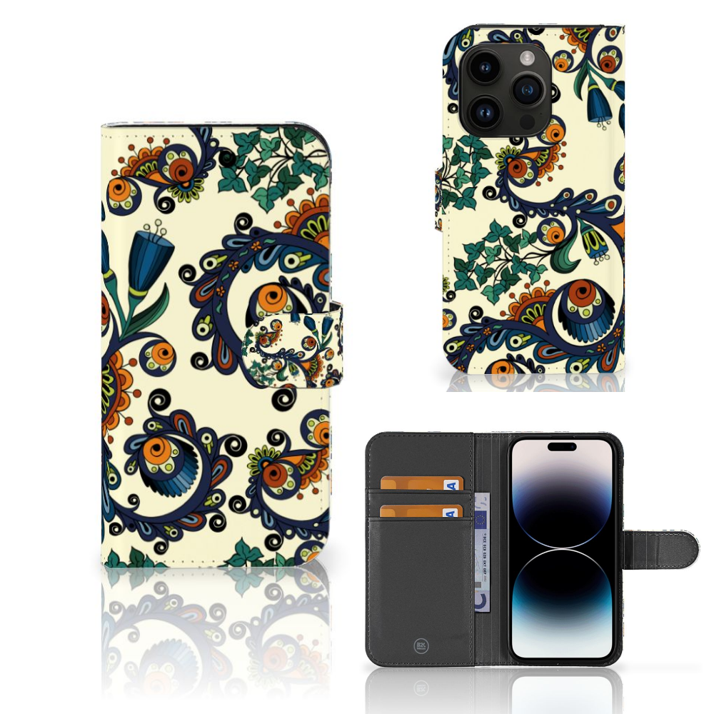 Wallet Case iPhone 15 Pro Barok Flower met kleurrijke bloemen en ogen, perfect voor stijl en bescherming đ¸