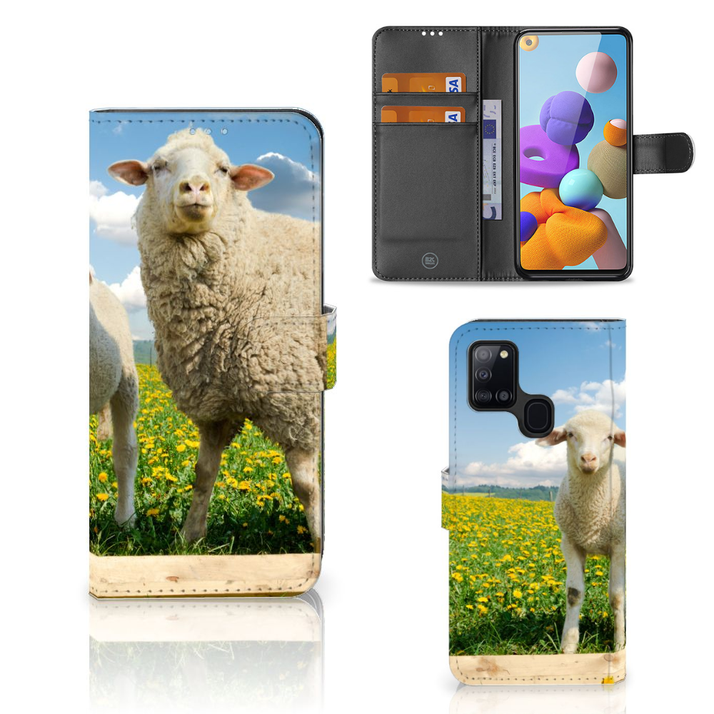 Samsung Galaxy A21s Telefoonhoesje met Pasjes Schaap en Lammetje