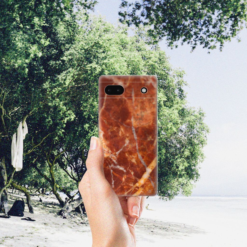 Google Pixel 6A TPU Siliconen Hoesje Marmer Bruin B2C Telecom