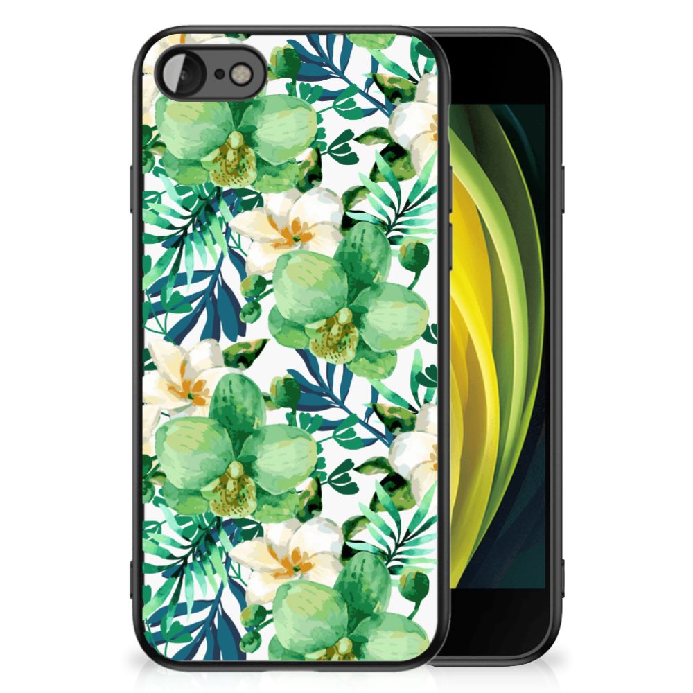 iPhone SE 2022 | SE 2020 | 7/8 Bloemen Hoesje Orchidee Groen met groene en witte bloemen op een smartphone