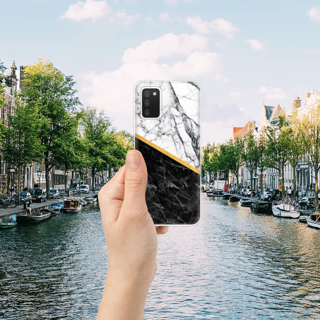 Samsung Galaxy A03S TPU Siliconen Hoesje Marmer Wit Zwart - Origineel Cadeau Man