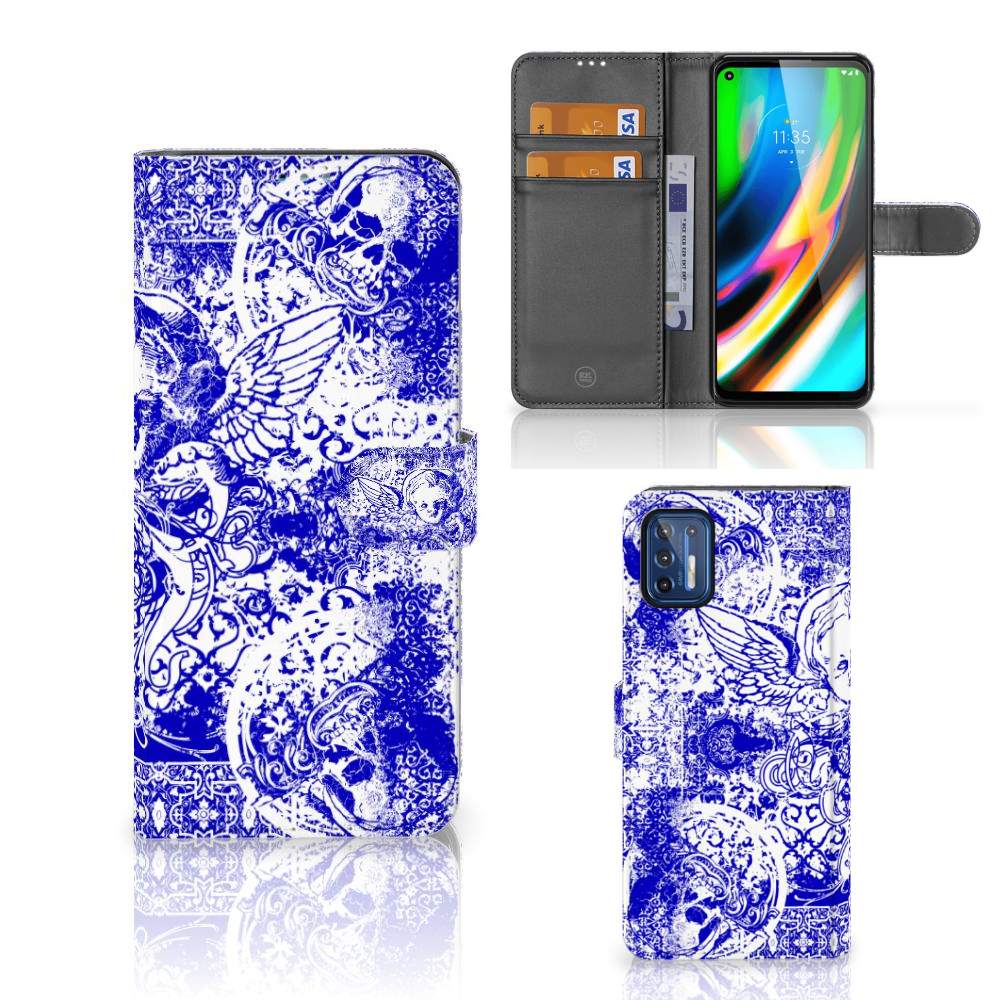 Telefoonhoesje met Naam Motorola Moto G9 Plus Angel Skull Blauw