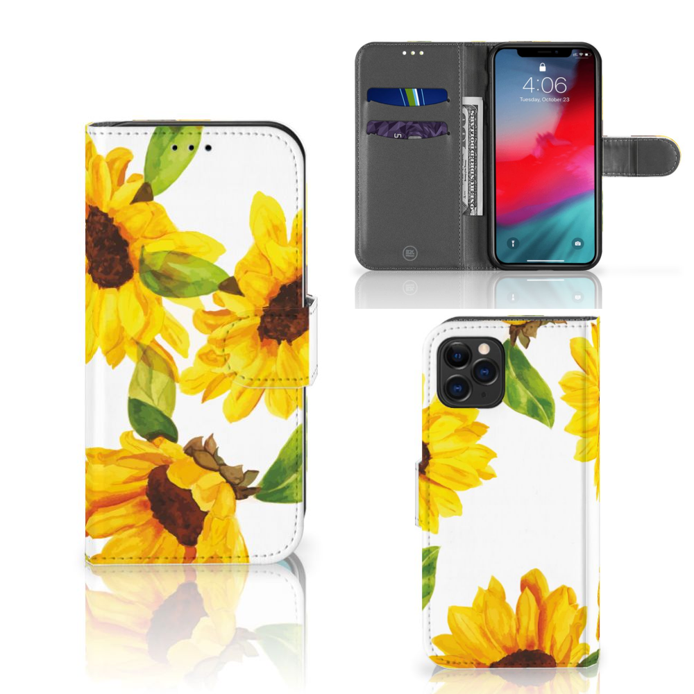 Hoesje voor Apple iPhone 11 Pro Zonnebloemen met kleurrijke zonnebloemen en ruimte voor drie pasjes đģ