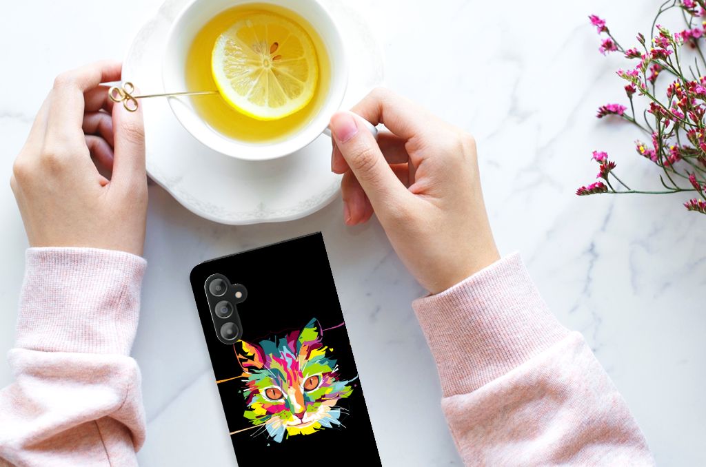 Samsung Galaxy A14 5G Magnet Case Cat Color design displayed with tea and lemon.