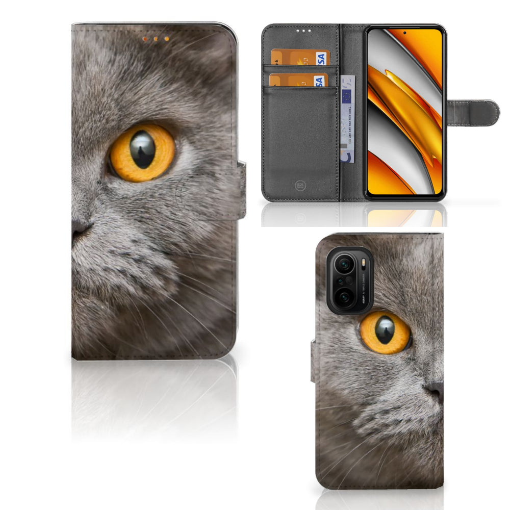 Telefoonhoesje met Pasjes Poco F3 | Xiaomi Mi 11i Britse Korthaar met indrukwekkend kat gezicht design