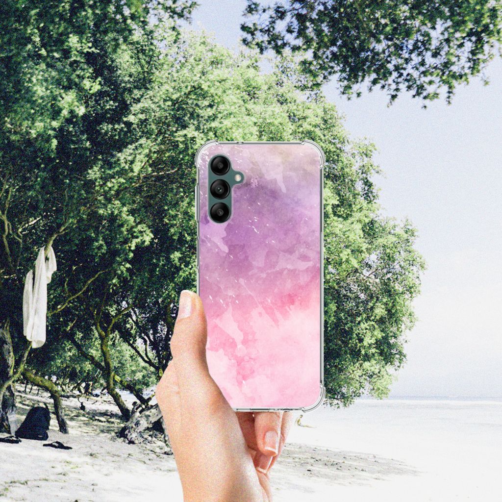 Back Cover Samsung Galaxy A14 5G/4G Pink Purple Paint design held in hand outdoors with trees in the background.