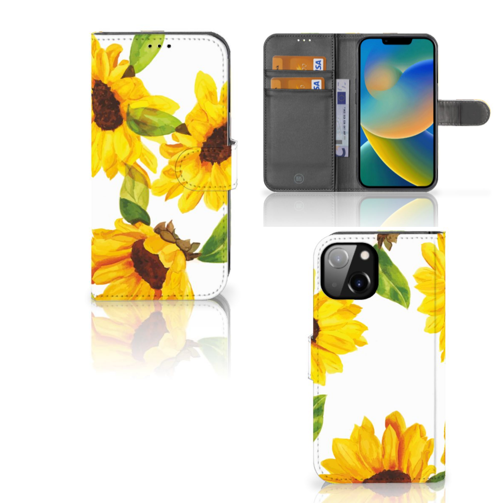 Hoesje voor Apple iPhone 14 Zonnebloemen met een mooi zonnebloemdesign en ruimte voor drie pasjes đģ.