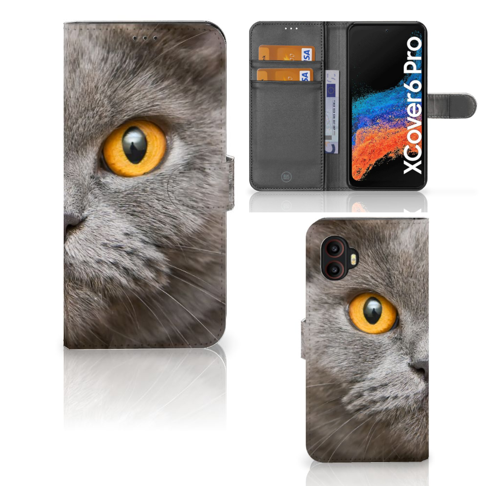 Telefoonhoesje met Pasjes Samsung Galaxy Xcover 6 Pro Britse Korthaar met afbeelding van een grijze kat met gele ogen
