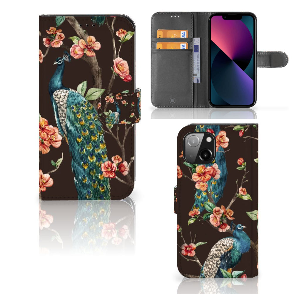 Apple iPhone 13 Telefoonhoesje met Pasjes Pauw met Bloemen
