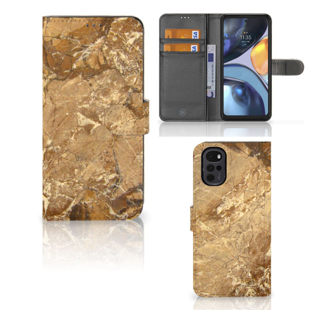 Motorola Moto G22 Bookcase Marmer Creme met luxe marmerdesign en beschermende TPU-siliconen en kunstleren buitenkant.