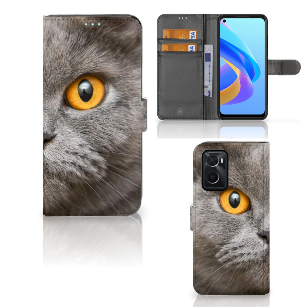 Telefoonhoesje met Pasjes OPPO A76 | A96 Britse Korthaar met opvallende kattenoog en ruimte voor pasjes.