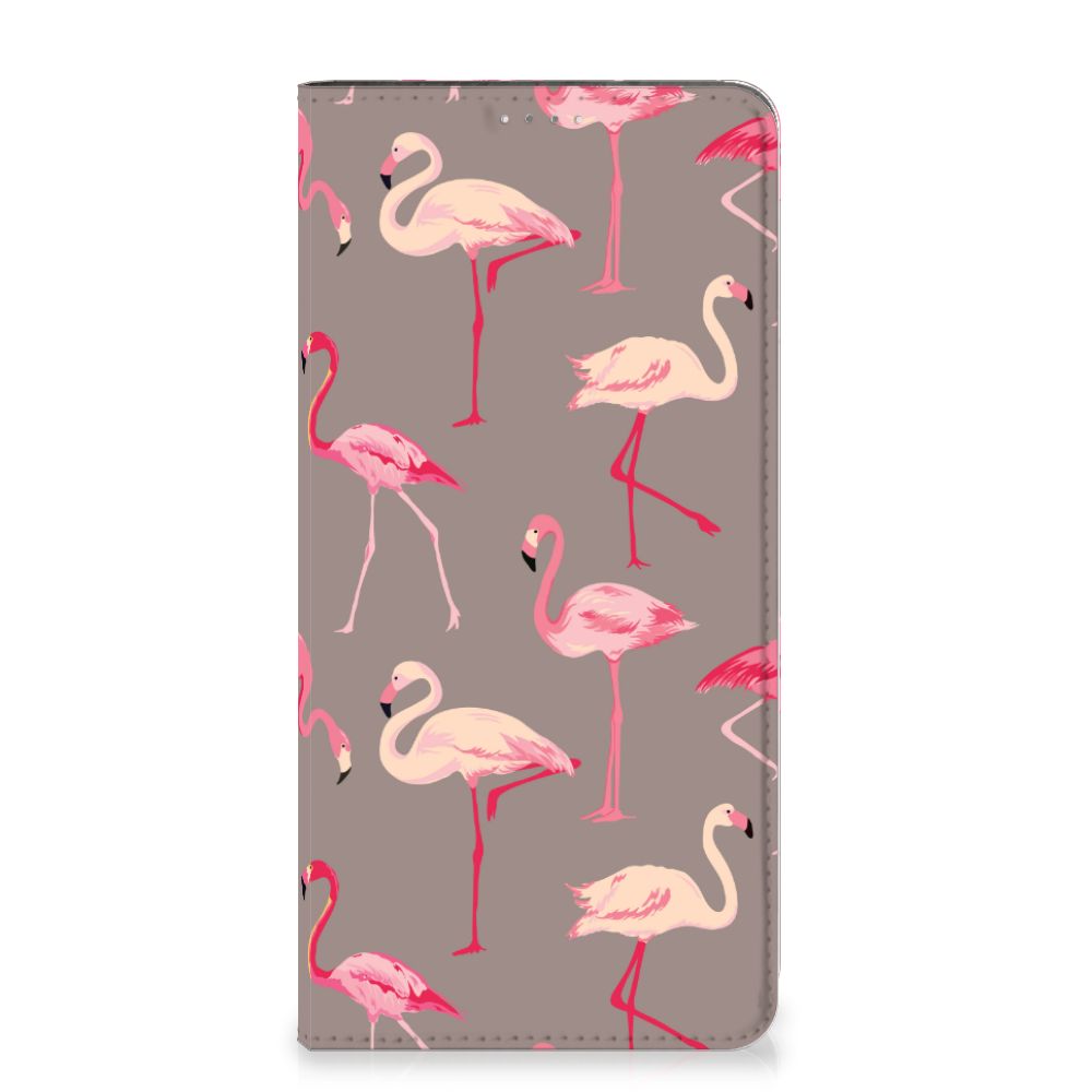 Samsung Galaxy A14 5G Hoesje maken Flamingo met kleurrijke flamingo's op een grijze achtergrond.