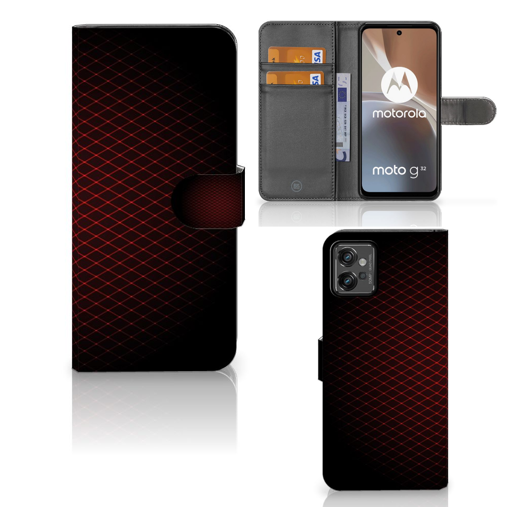 Motorola Moto G32 Telefoon Hoesje Geruit Rood met ruimte voor 3 pasjes en strak design.