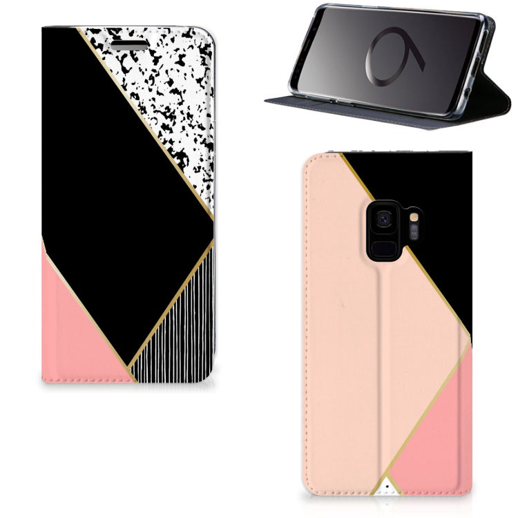 Samsung Galaxy S9 Stand Case Zwart Roze Vormen