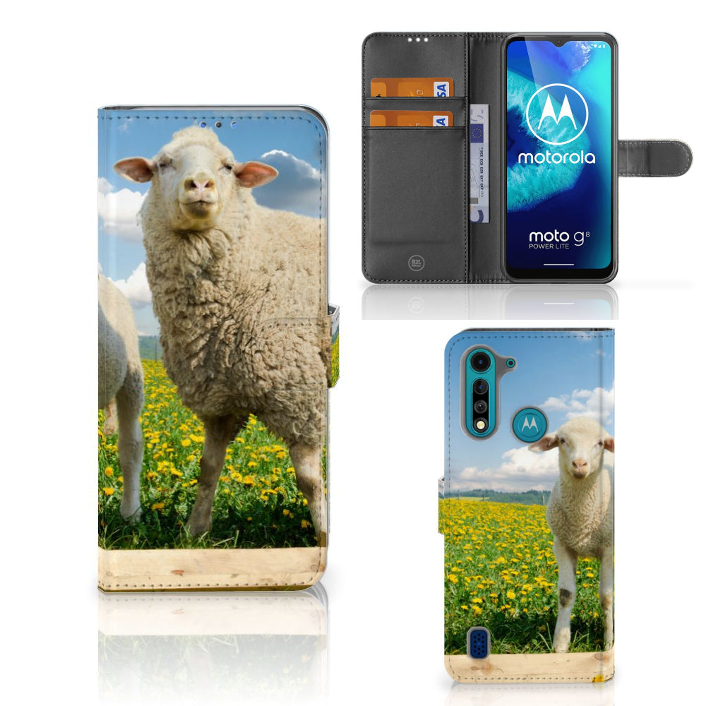 Motorola G8 Power Lite Telefoonhoesje met Pasjes Schaap en Lammetje