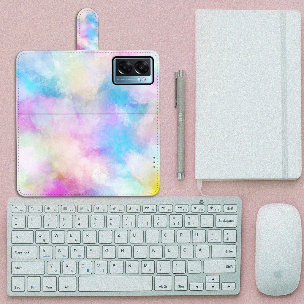 Hoesje OPPO A77 5G | A57 5G Watercolor Light met pastelkleuren op een bureau met toetsenbord en notitieboek.
