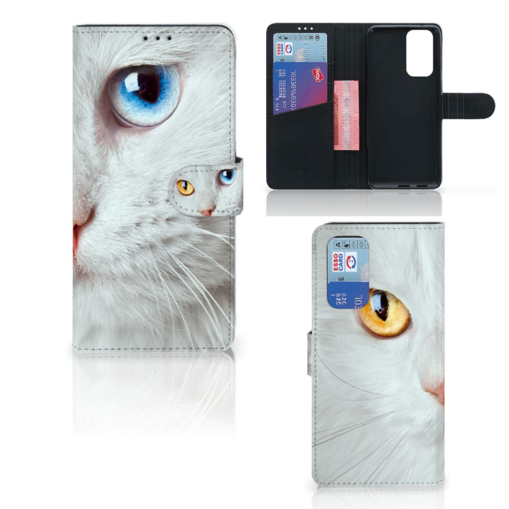 OnePlus 9 Pro Telefoonhoesje met Pasjes Witte Kat