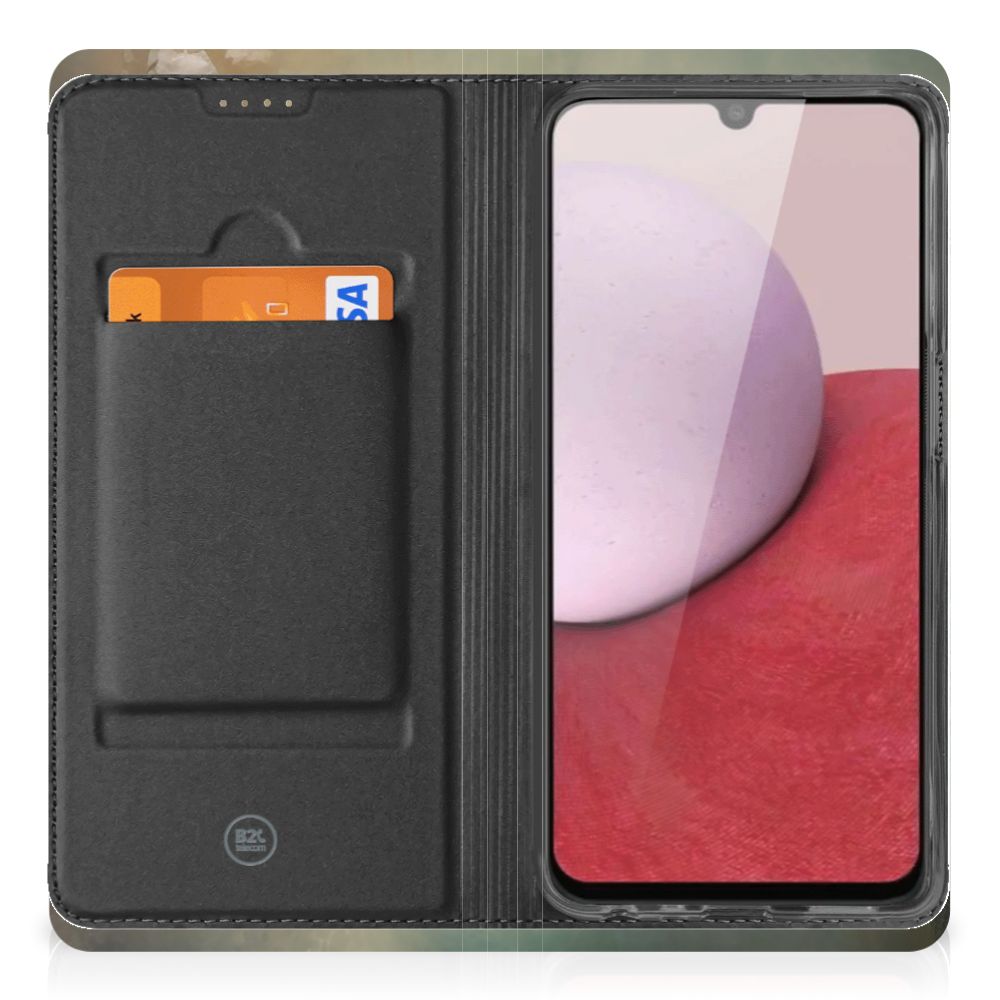 Hoesje maken voor Samsung Galaxy A14 4G Vintage Pauwen met vak voor kaart, zwart leder, stijlvolle en praktische bescherming.