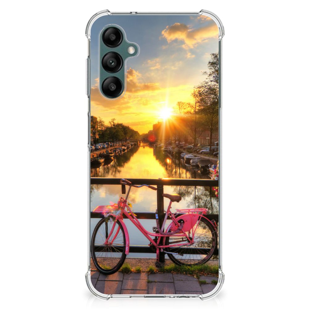 Samsung Galaxy A14 5G/4G Telefoonhoesje met valbescherming Amsterdamse Grachten met een fiets voor een zonsondergang.