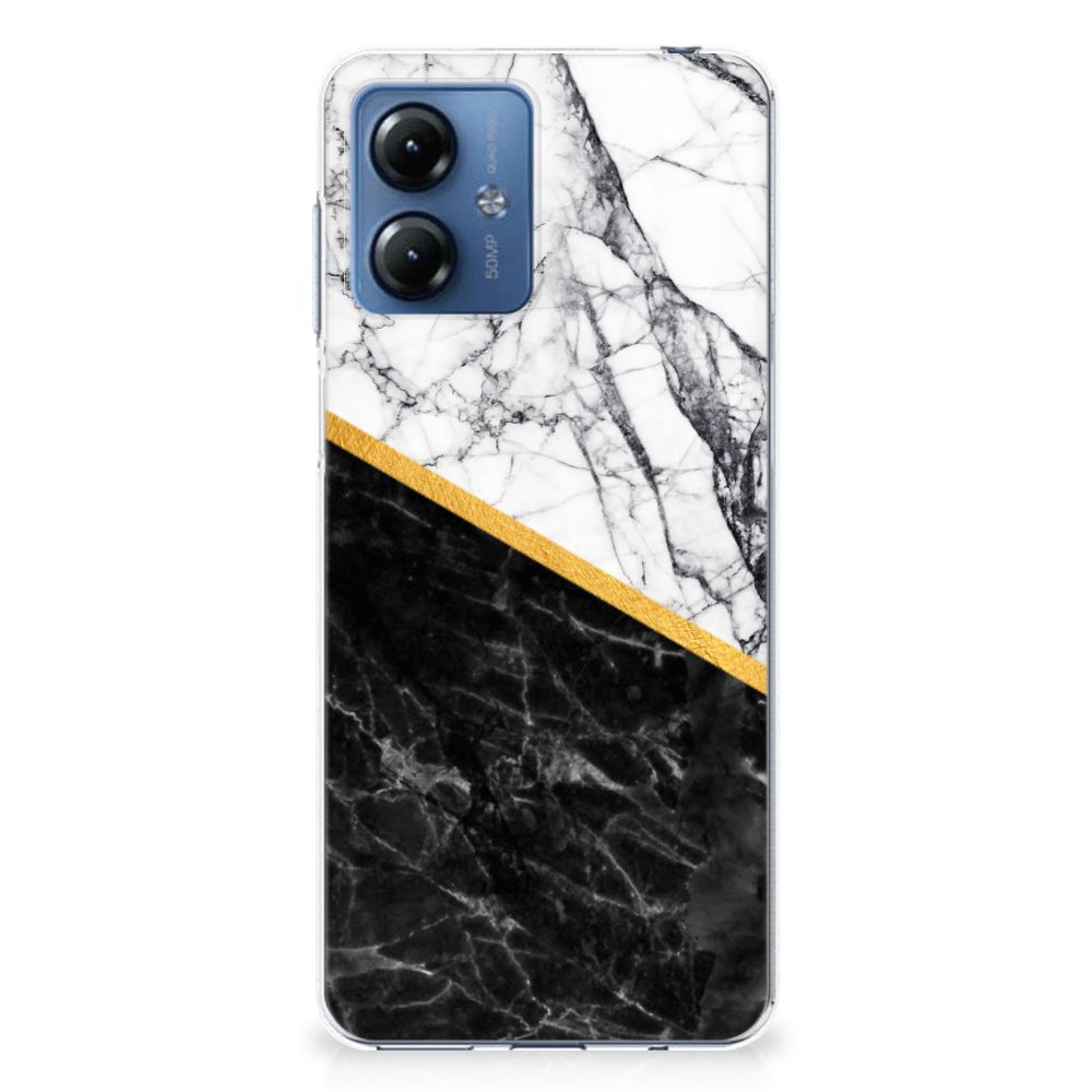 Motorola Moto G14 TPU Siliconen Hoesje Marmer Wit Zwart - Origineel Cadeau Man