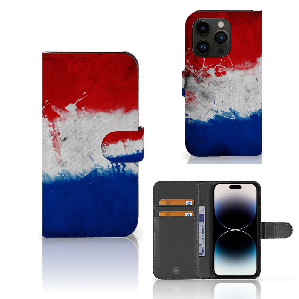 iPhone 15 Pro Bookstyle Case Nederland met artistiek design van de Nederlandse vlag, ideaal voor trots Nederlanders.