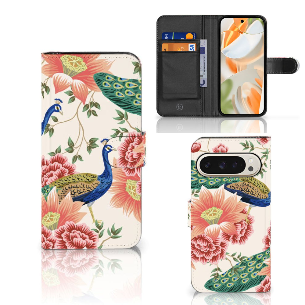 Telefoonhoesje met Pasjes voor Google Pixel 9 | 9 Pro Pink Peacock