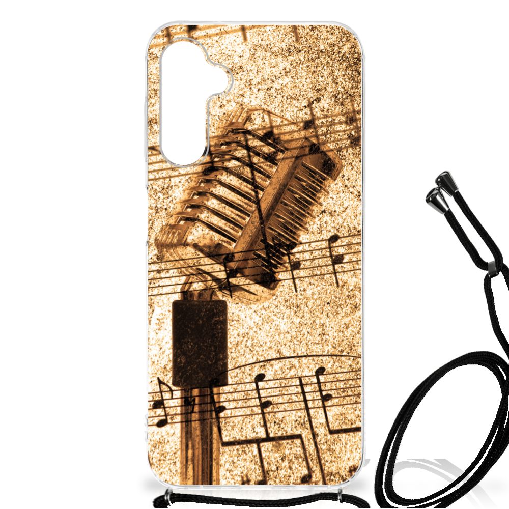 Samsung Galaxy A14 5G Anti-shock Hoesje met foto Bladmuziek met ontworpen muzieksymbolen en microfoon.