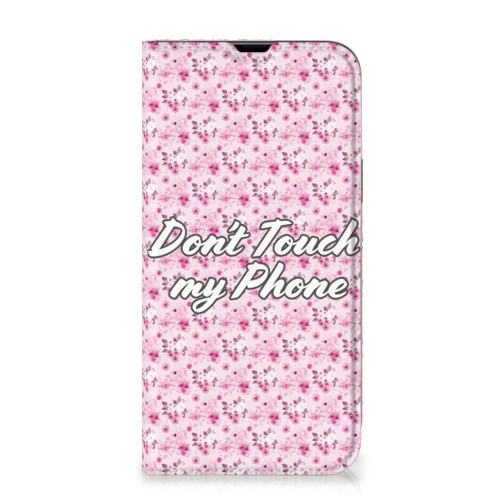 iPhone 13 Pro Max Design Case Flowers Pink DTMP met bloemenpatroon en 'Don't Touch my Phone' tekst đ¸
