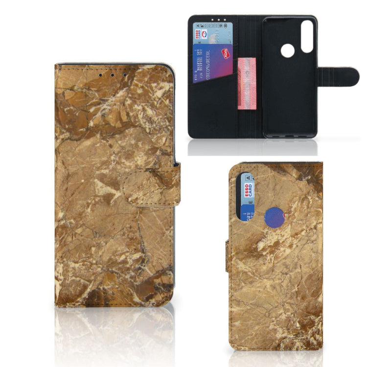 Alcatel 1S 2020 Bookcase Marmer Creme met pasjes en luxe kunstleren afwerking.