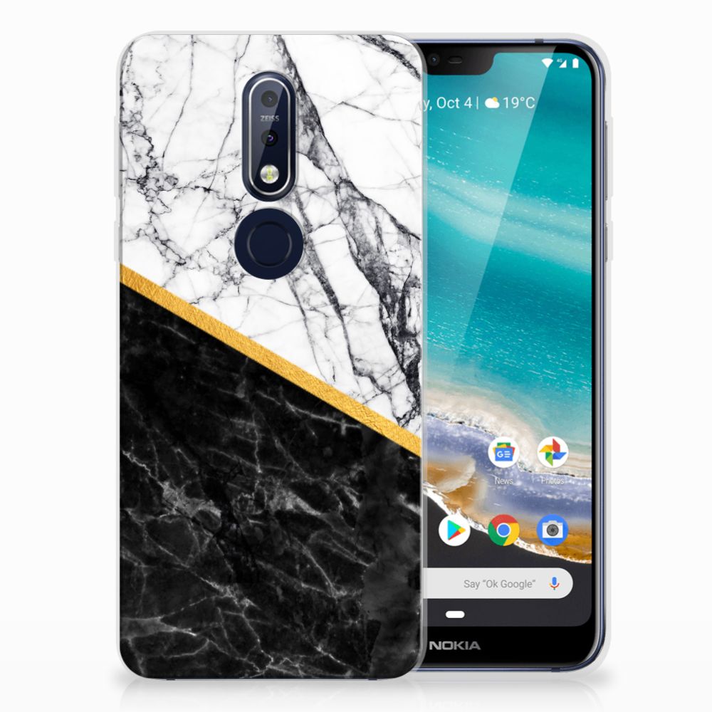 Nokia 7.1 TPU Siliconen Hoesje Marmer Wit Zwart - Origineel Cadeau Man