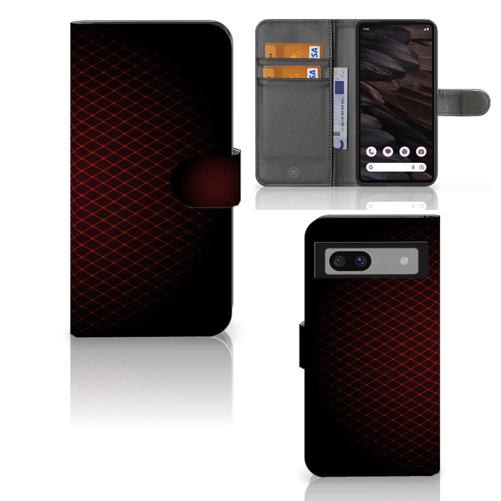 Google Pixel 7A Telefoon Hoesje Geruit Rood met ruimte voor 3 pasjes en minimalistisch design.