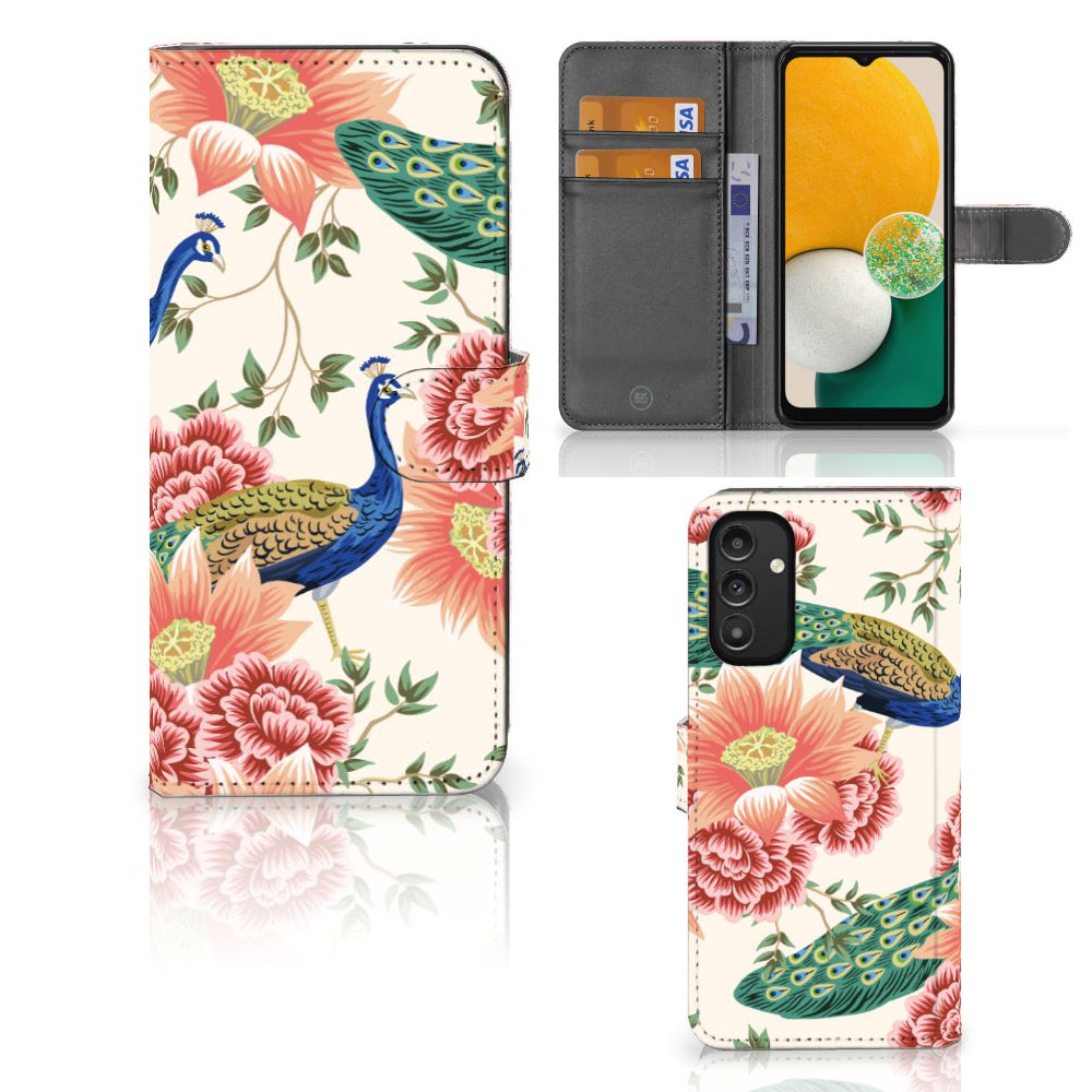 Telefoonhoesje met Pasjes voor Samsung Galaxy A14 4G Pink Peacock in bloemen design met pauwen.