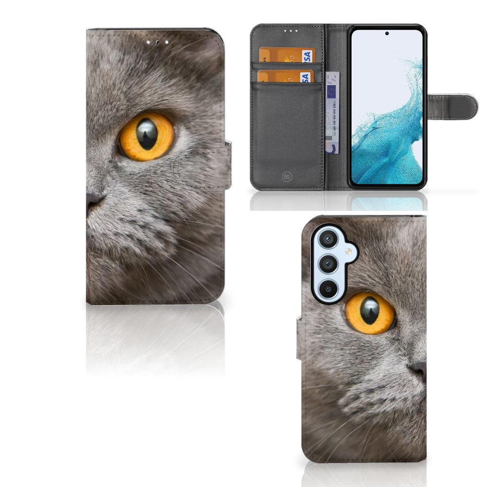 Telefoonhoesje met Pasjes Samsung Galaxy A54 5G Britse Korthaar met een close-up van een Britse korthaar kat.