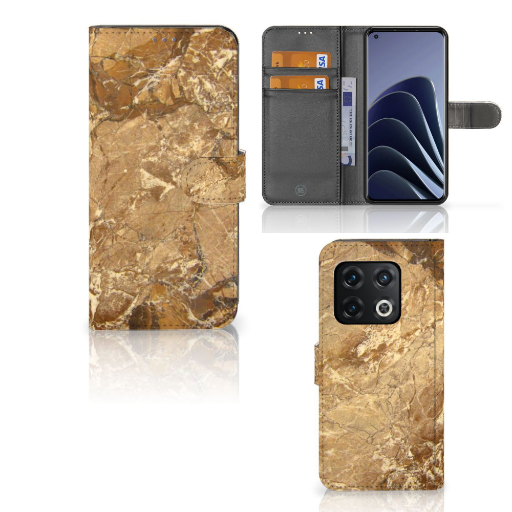 OnePlus 10 Pro Bookcase Marmer Creme met pasjes in crème marmerlook, luxe TPU-siliconen en kunstleren hoes
