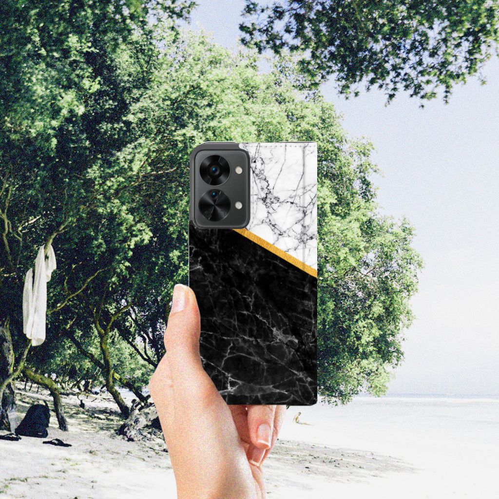OnePlus Nord 2T Standcase Marmer Wit Zwart - Origineel Cadeau Man - B2C Telecom