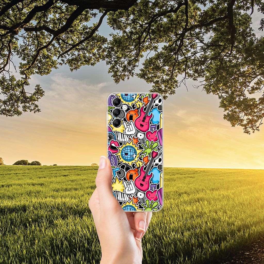 Samsung Galaxy A14 5G Silicone Back Cover Punk Rock design held outdoors with sunset in the background.